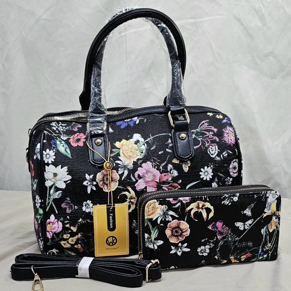 New Wendykeen Floral Satchel & Double Zipper Wallet Set Black Multi Color